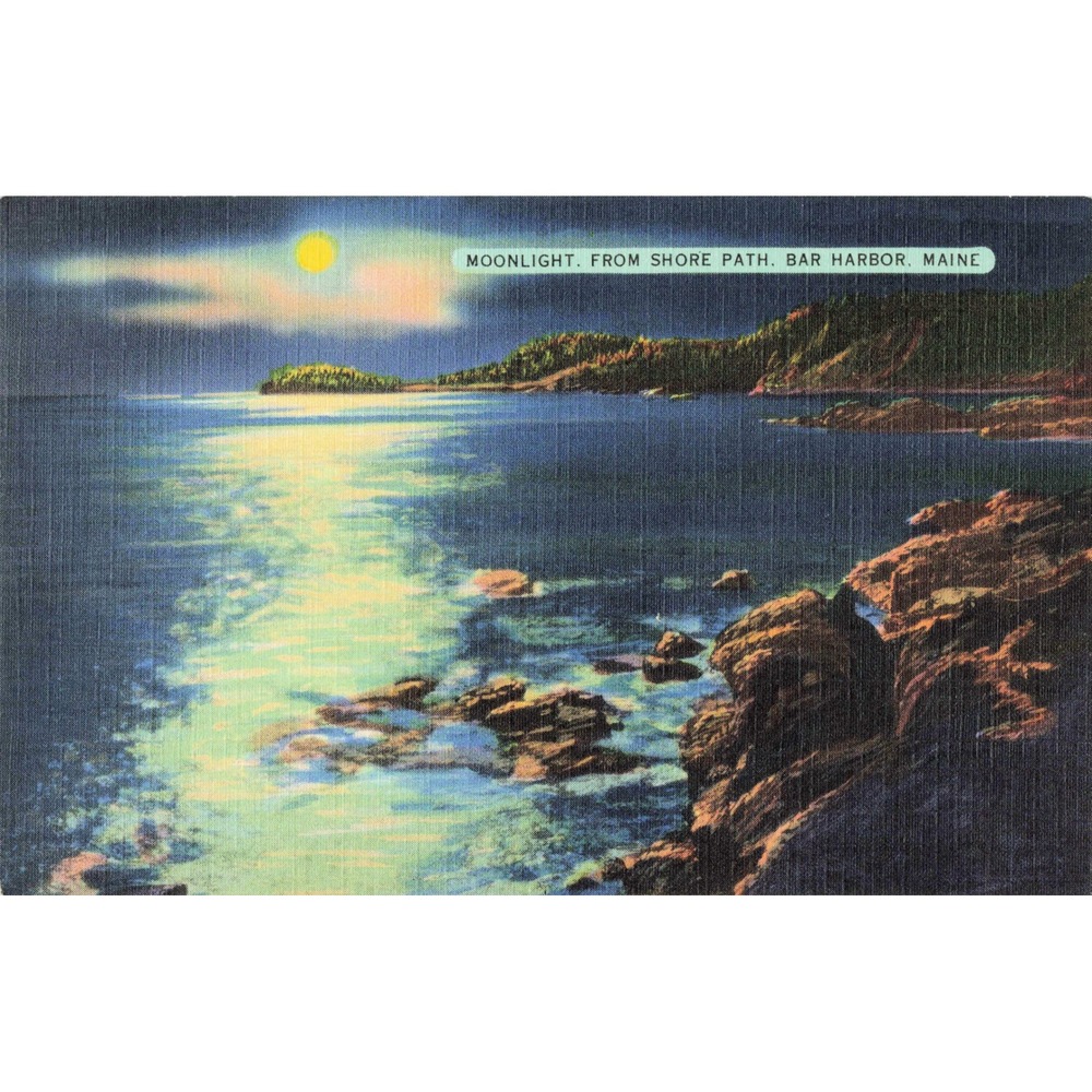 Bar Harbor Maine ME Shore Path Moonlight Night View Coast Linen Postcard c1930s - Picture 1 of 2